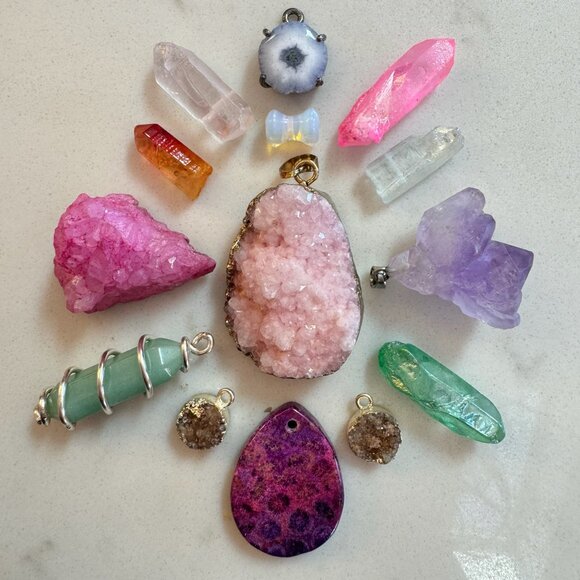 Crystal Druzy and Gemstone Pendant Lot with Moonstone and Amethyst - Picture 2 of 16